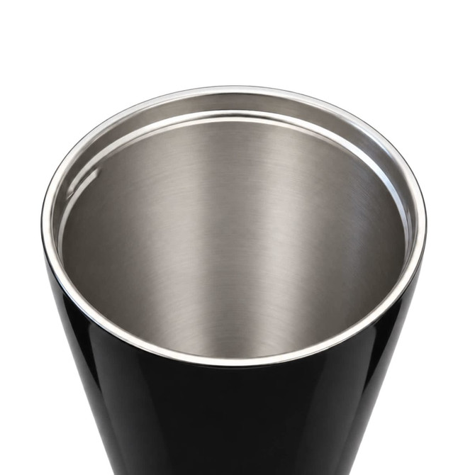 A travel mug with a sleek black exterior and a stainless steel inner lining, featuring a logo.