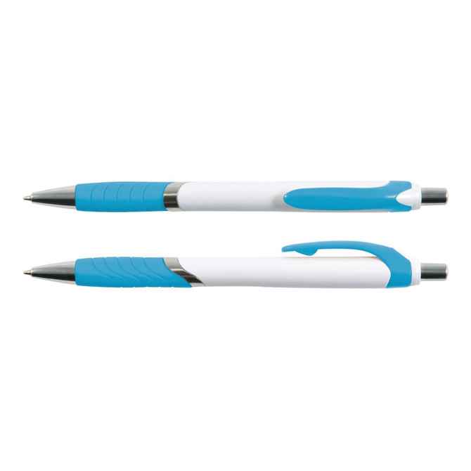 A promotional pen in white with blue accents, featuring a grip section and a clip. It has a logo on the barrel.