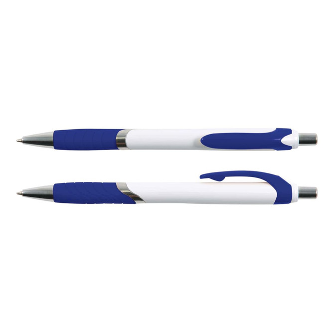 A blue and white pen with a textured grip and clip, featuring a metallic tip. It includes a branding logo.