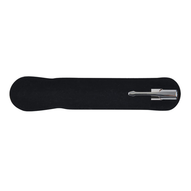 A metal pen resting on a black velvet pen holder. The pen features a sleek design, perfect for promotional use.