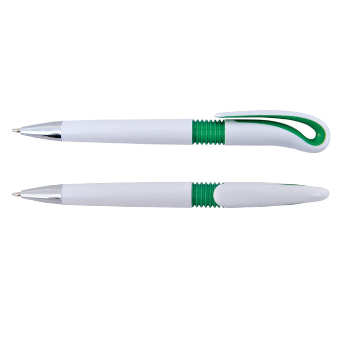 A plastic pen featuring a white body with green accents and a unique hook design at the top.