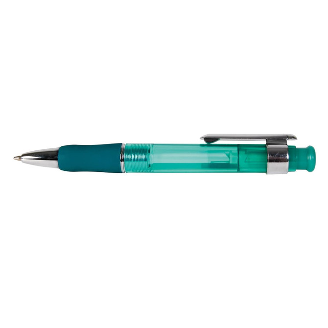 A plastic pen featuring a transparent barrel and a teal grip, complemented by a shiny silver clip and tip.