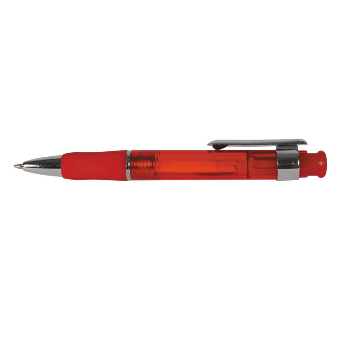 A red plastic pen with a chrome clip and trim. The pen features a clear barrel allowing visibility of the ink inside.