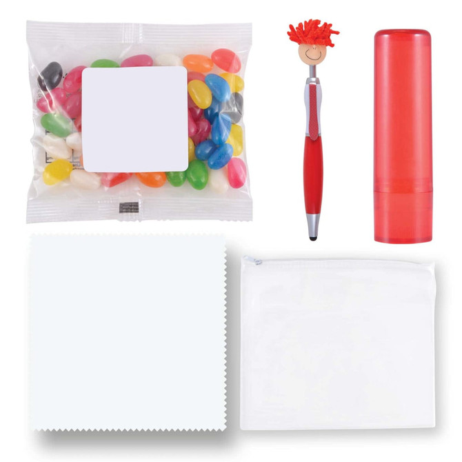 A red lip balm tube, a colorful bag of jelly beans, a red pen, a white cloth, and a transparent pouch.
