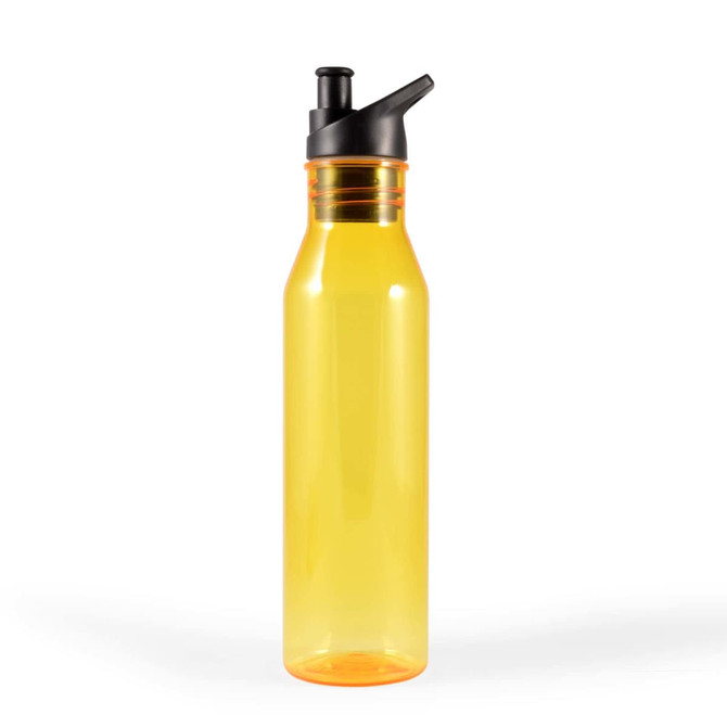 A drink bottle with a transparent yellow body and a black, flip-top spout design.