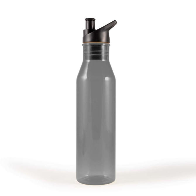 A drink bottle featuring a sleek transparent design with a black flip-top lid and straw.