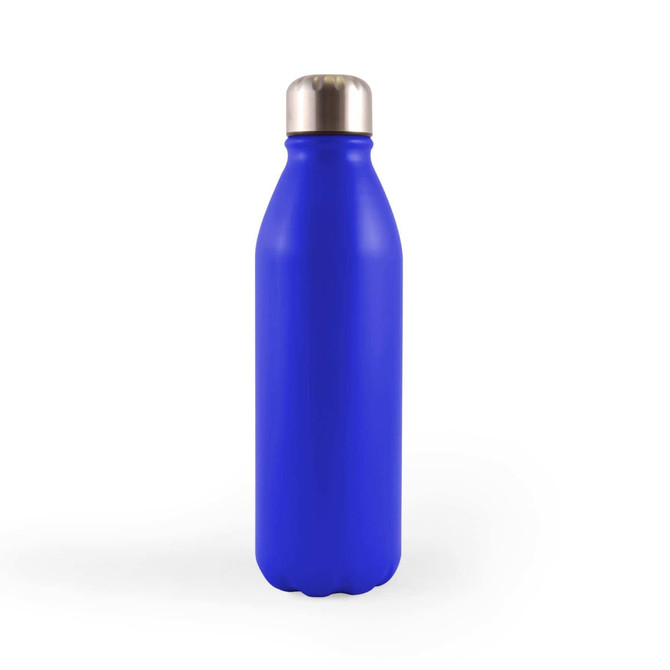 A drink bottle with a sleek blue aluminum design and a silver screw top lid.