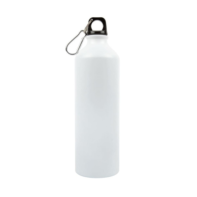 A drink bottle made of aluminum with a sleek white finish and a black lid featuring a sturdy handle.