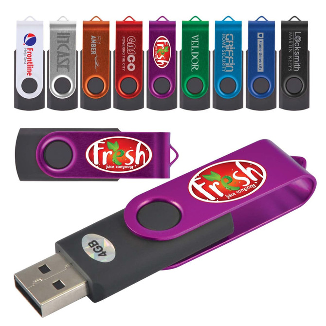 A collection of colorful swivel USB flash drives in various designs, featuring a logo on a purple drive.