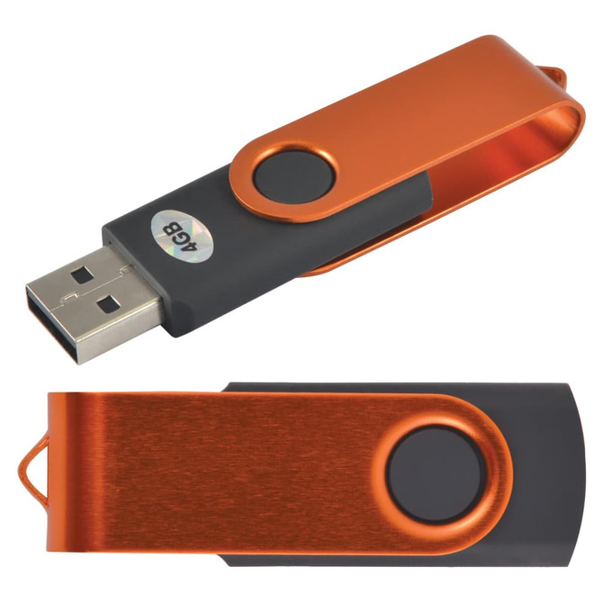 An orange and black swivel USB flash drive with a metal clip and logo on the side.
