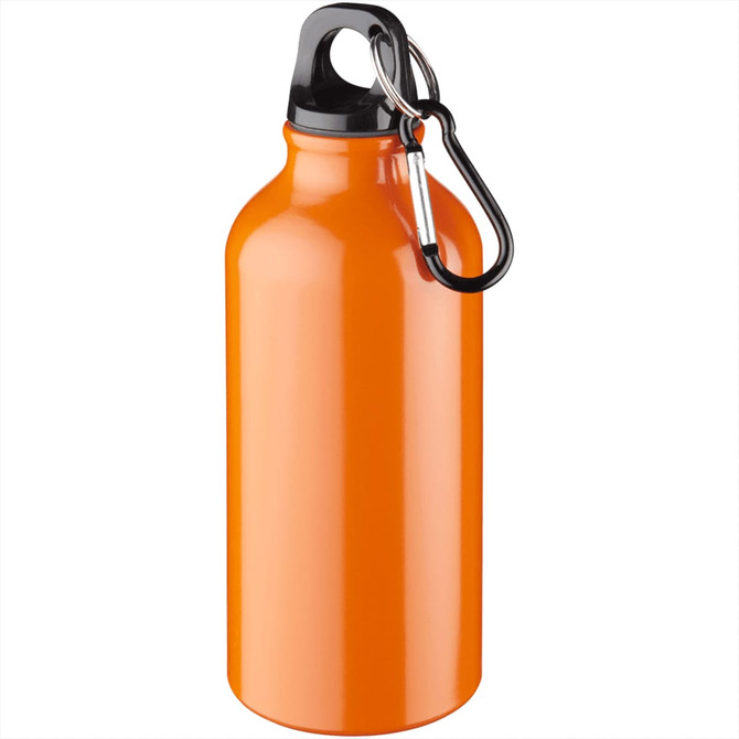 A drink bottle in a vibrant orange colour with a black cap and a metal carabiner attached.