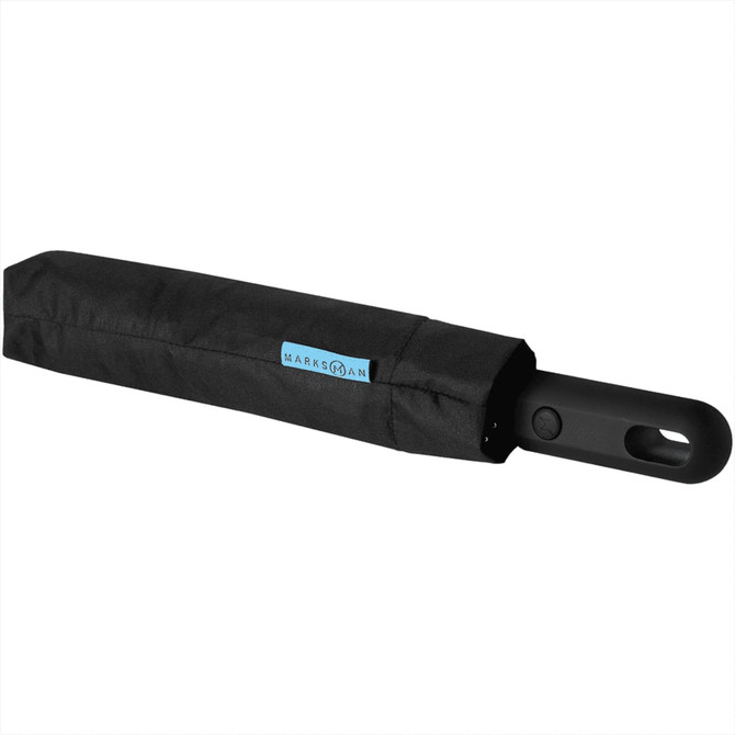 A black foldable umbrella in a protective cover, featuring a logo. Suitable for outdoor use.