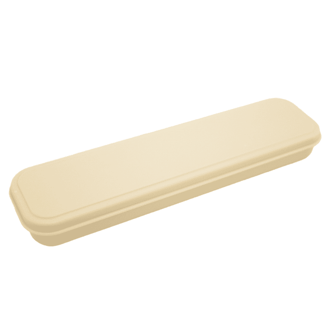 A bamboo fibre cutlery set in a light cream colour, featuring a tidy storage case with a simple design.