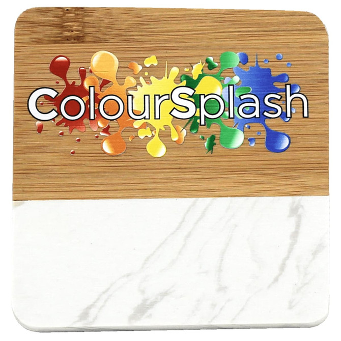 A marble and bamboo coaster featuring a colourful splash design and a logo on the bamboo section.