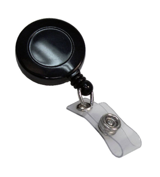 A black retractable badge holder with a clear attachment clip for secure fastening. It features a glossy surface.