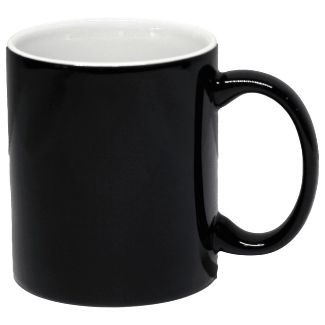 A coffee mug in glossy black with a contrasting white interior and a smooth handle. Features a logo.