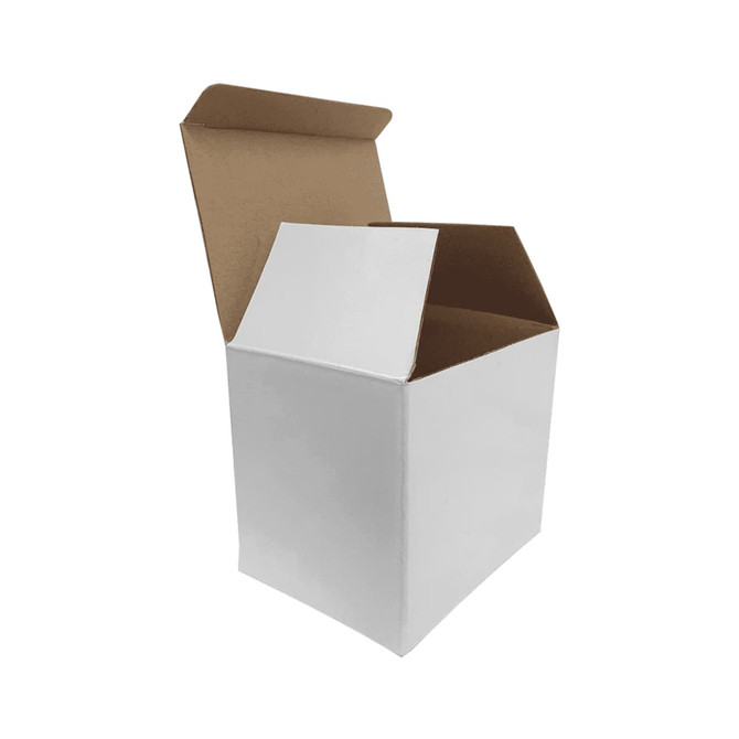 A white open box with a flared top, featuring a clean, simple design, ideal for packaging.