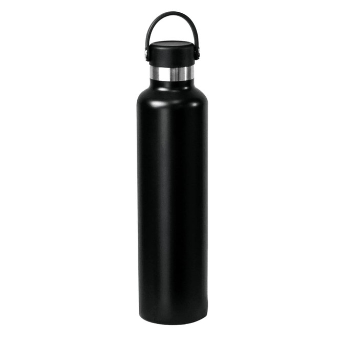A drink bottle in matte black stainless steel, featuring a stainless steel lid and a handle.