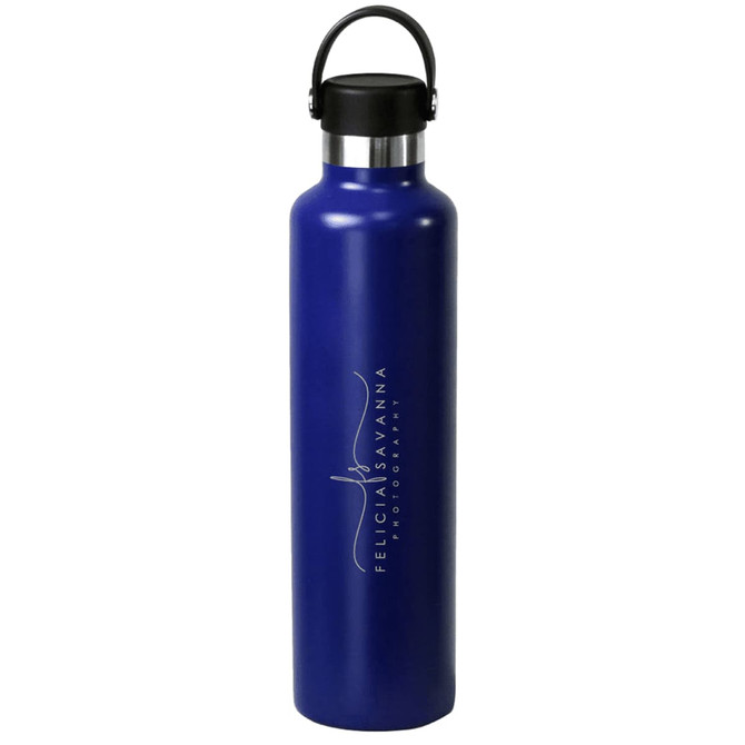 A drink bottle in a deep blue colour with a stainless steel lid and a logo on the side.