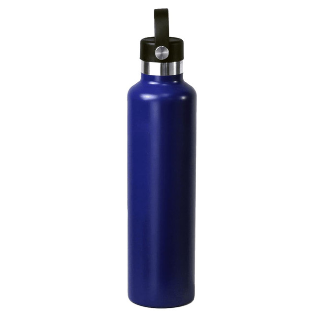A drink bottle in a deep blue colour with a stainless steel upper section and a black lid, featuring a branding logo.