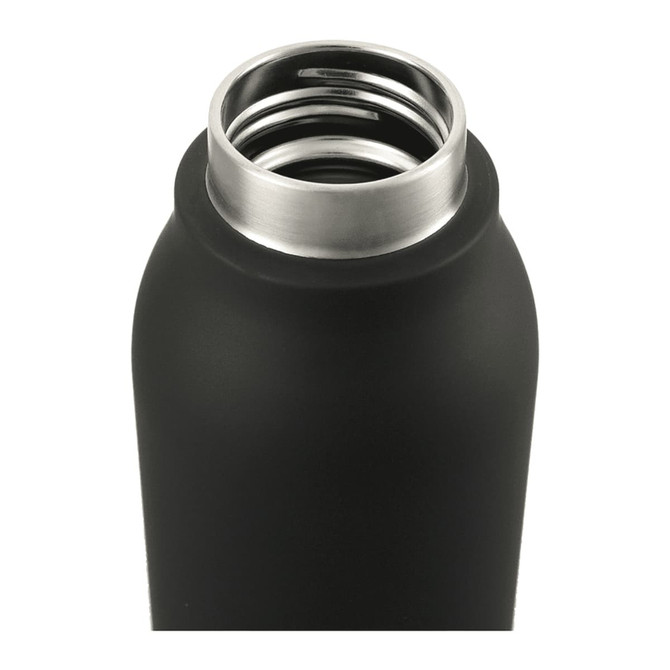 A drink bottle in matte black with a silver metal opening and a metal loop for easy carrying.