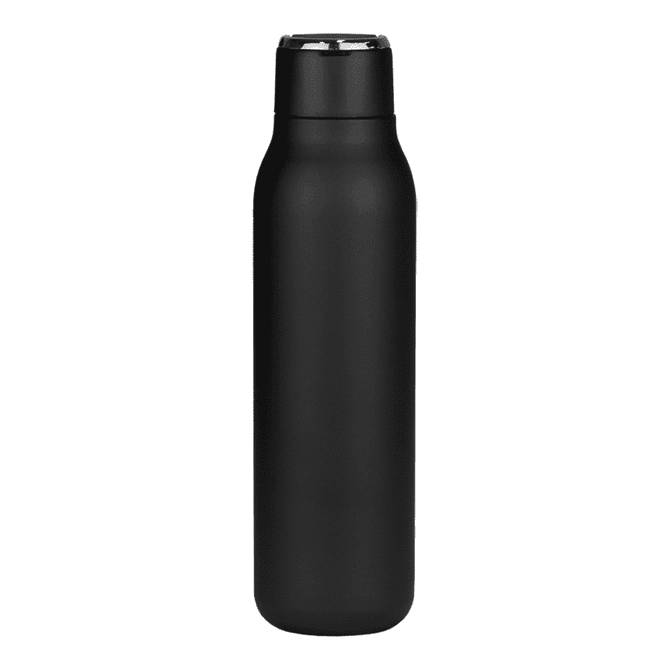 A drink bottle in matte black finish with a metal loop, featuring a logo on the surface. Capacity is 600ml.