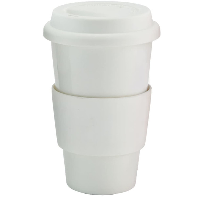 A ceramic coffee mug in white, featuring a lid and a silicone grip band. It has a branding logo.