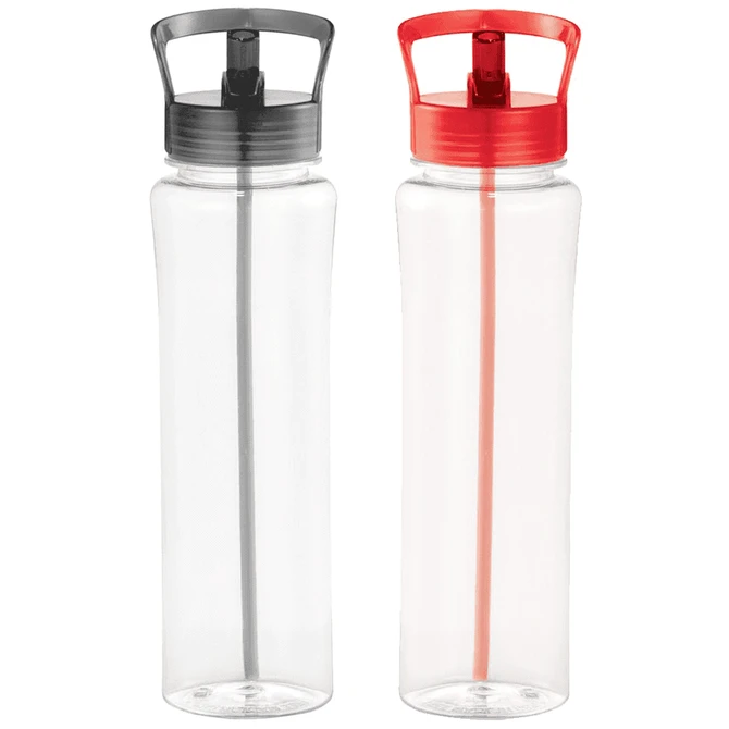A drink bottle set featuring a clear design with grey and red caps and built-in straws, along with branding.