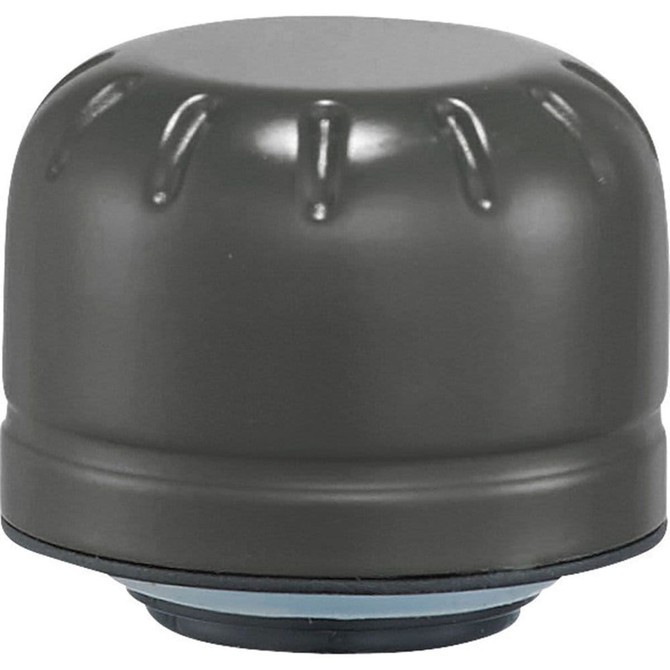 A drink bottle in dark grey with a rounded cap and a simple design, featuring a logo.