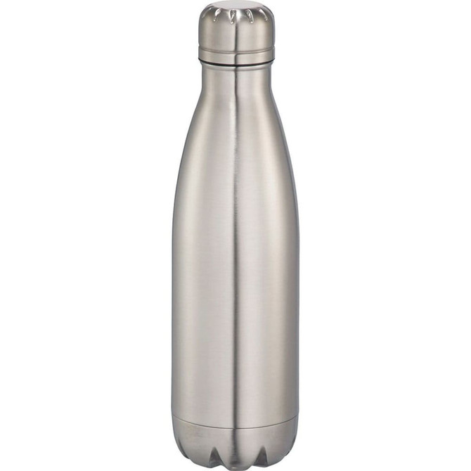 A drink bottle in a metallic silver finish, featuring a sleek, insulated design and a small logo.