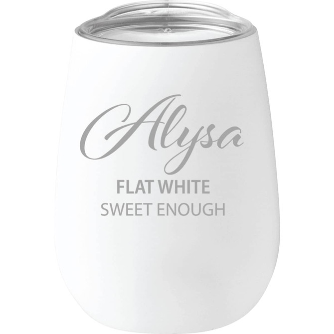 A drink bottle with a white exterior and a clear lid, featuring a decorative script and text.