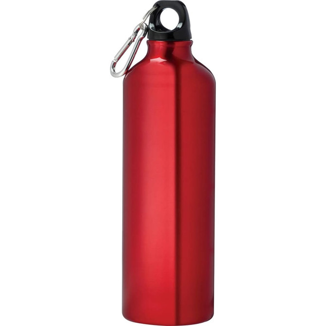 A drink bottle in shiny red aluminium with a black cap and a carabiner attachment. It has a logo on the body.