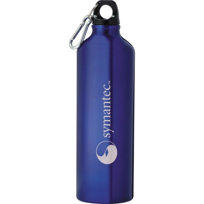 A drink bottle in a deep purple colour, made of aluminium, featuring a logo and a black cap with a carabiner.