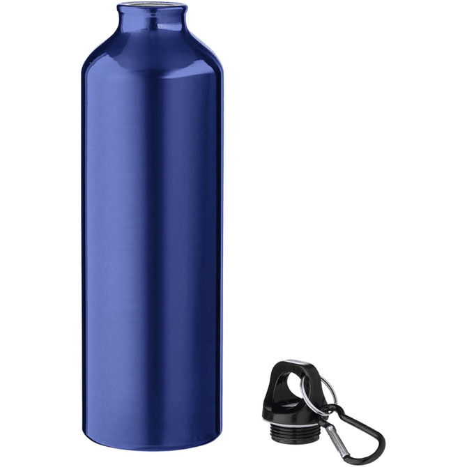 A drink bottle made of aluminium in a deep blue colour, accompanied by a black screw cap and carabiner.