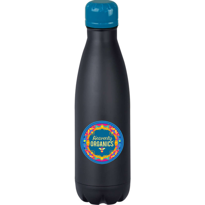 A drink bottle in matte black with a teal cap, featuring a circular logo on the front.