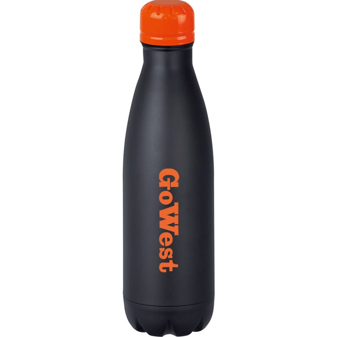A drink bottle featuring a sleek black design with an orange cap and branding. It has a vacuum insulated capacity of 500ml.