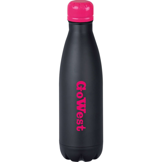 A drink bottle featuring a sleek black body and a pink lid, with a logo on the side.