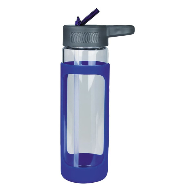 A drink bottle with a transparent body and a blue silicone cover, featuring a grey lid and straw.