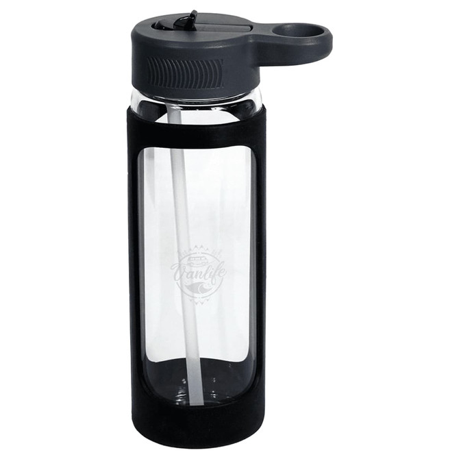 A drink bottle with a transparent glass body and black silicone cover, featuring a grey lid and straw.