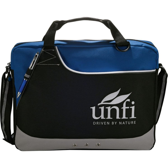 A laptop bag with a black and blue design featuring a logo. It has a handle and an adjustable shoulder strap.