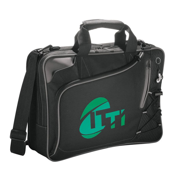 A black laptop bag with a green logo, featuring dual handles and a removable shoulder strap.
