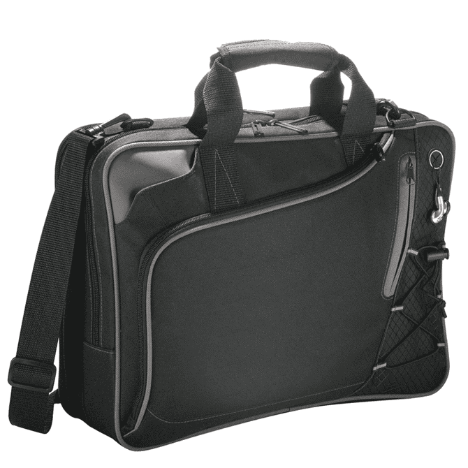 A black laptop bag featuring handles, a shoulder strap, and multiple pockets for organisation. It has a logo displayed.