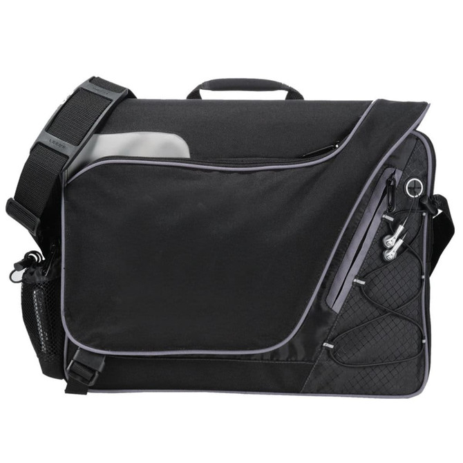 A black laptop bag with a large front pocket, adjustable strap, and mesh side pocket. It features a logo on the front.