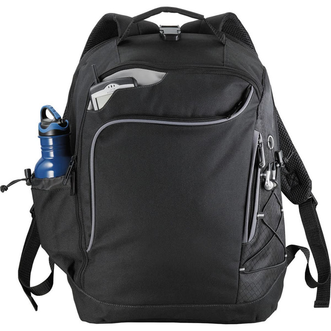 A black computer backpack featuring multiple pockets, a side drink bottle holder, and a logo.
