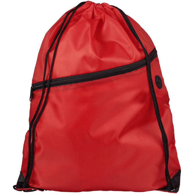 A red drawstring bag with a black zippered pocket and a logo, featuring adjustable drawstrings for closure.