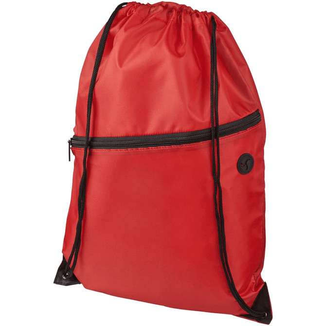 A red drawstring bag with a front zip pocket and a logo. The bag features black drawstrings and base accents.