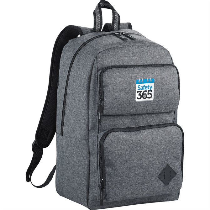 A grey computer backpack with a front pocket and a logo. Features padded shoulder straps and a top handle.