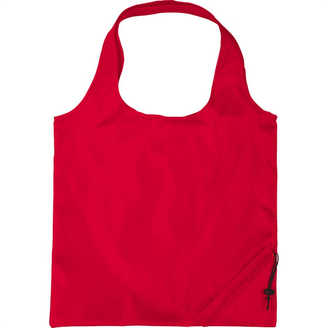 A red foldaway shopper tote bag with a single shoulder strap and a zipper for compact storage.