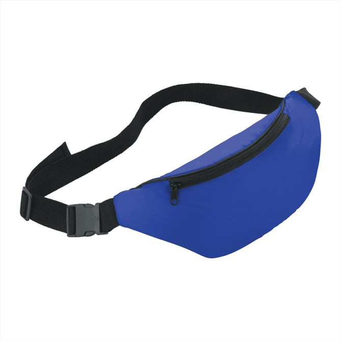 A blue bum bag with a black strap and a zippered compartment, featuring a logo.