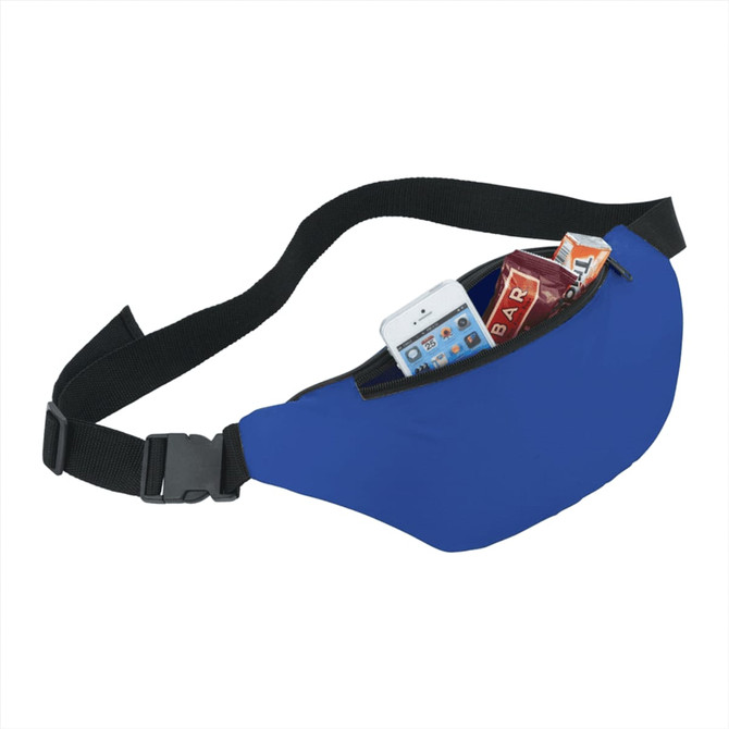 A blue bum bag with a zippered pocket, containing a phone and snacks. It has an adjustable black strap and a logo.